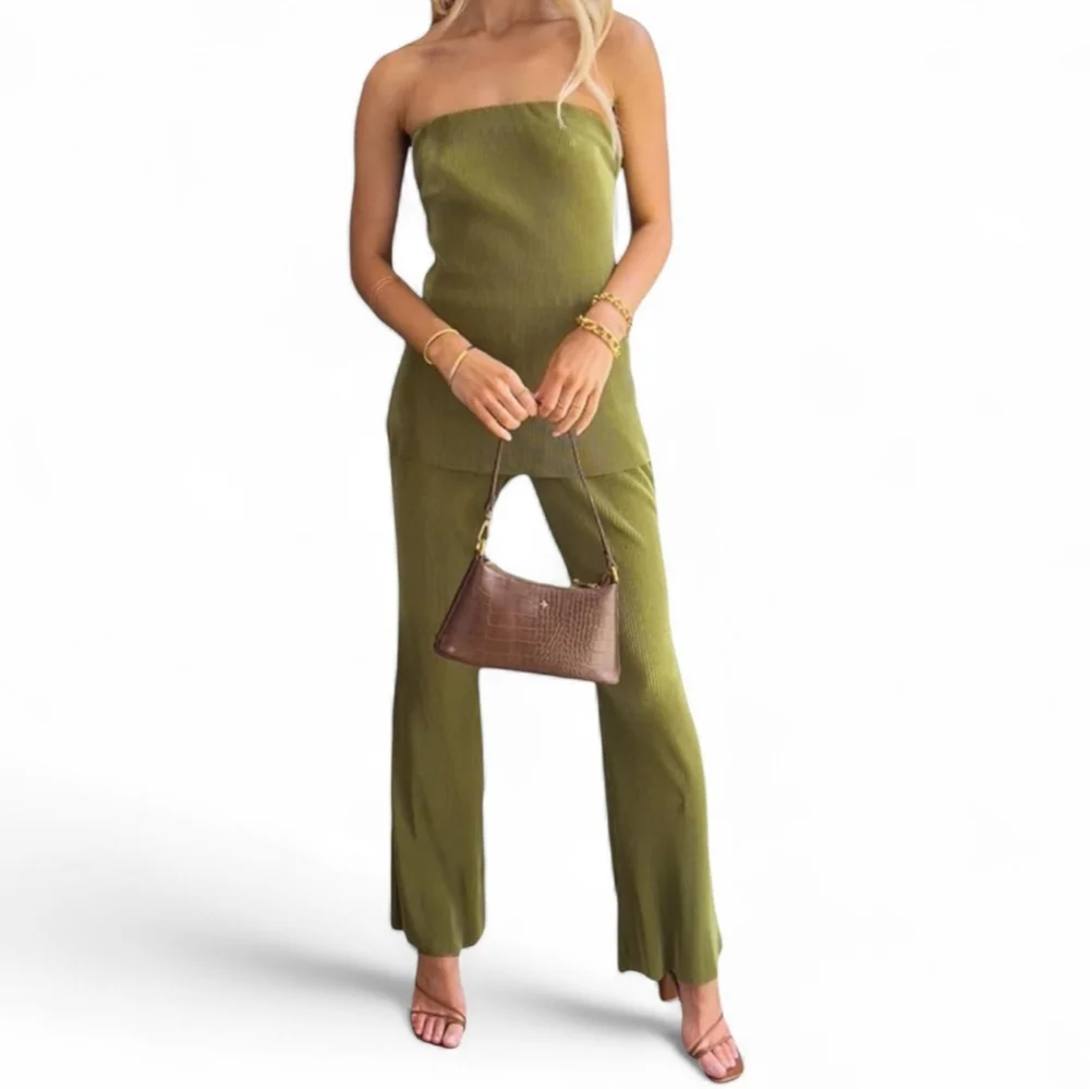 Green Pleated Matching Tube Top And Wide Leg Pants 2PC Set